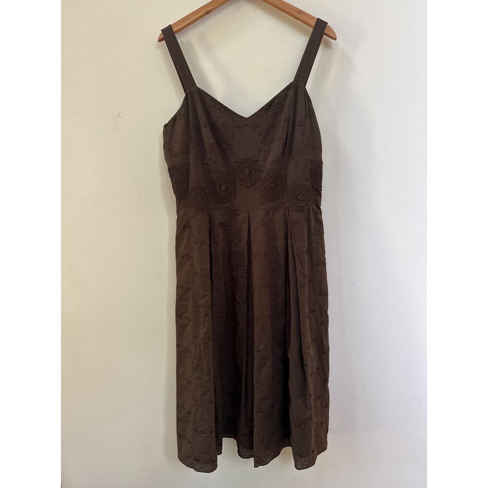 Talbots Vintage Strapless Brown Embroidered Dress Y2K Neutral Cotton Size 14